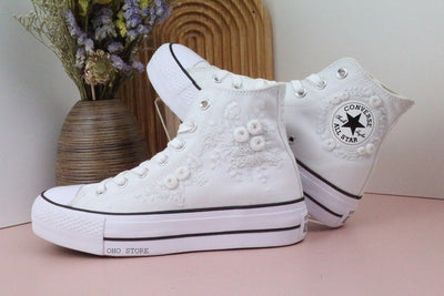 White Flowers Embroidered Sneakers