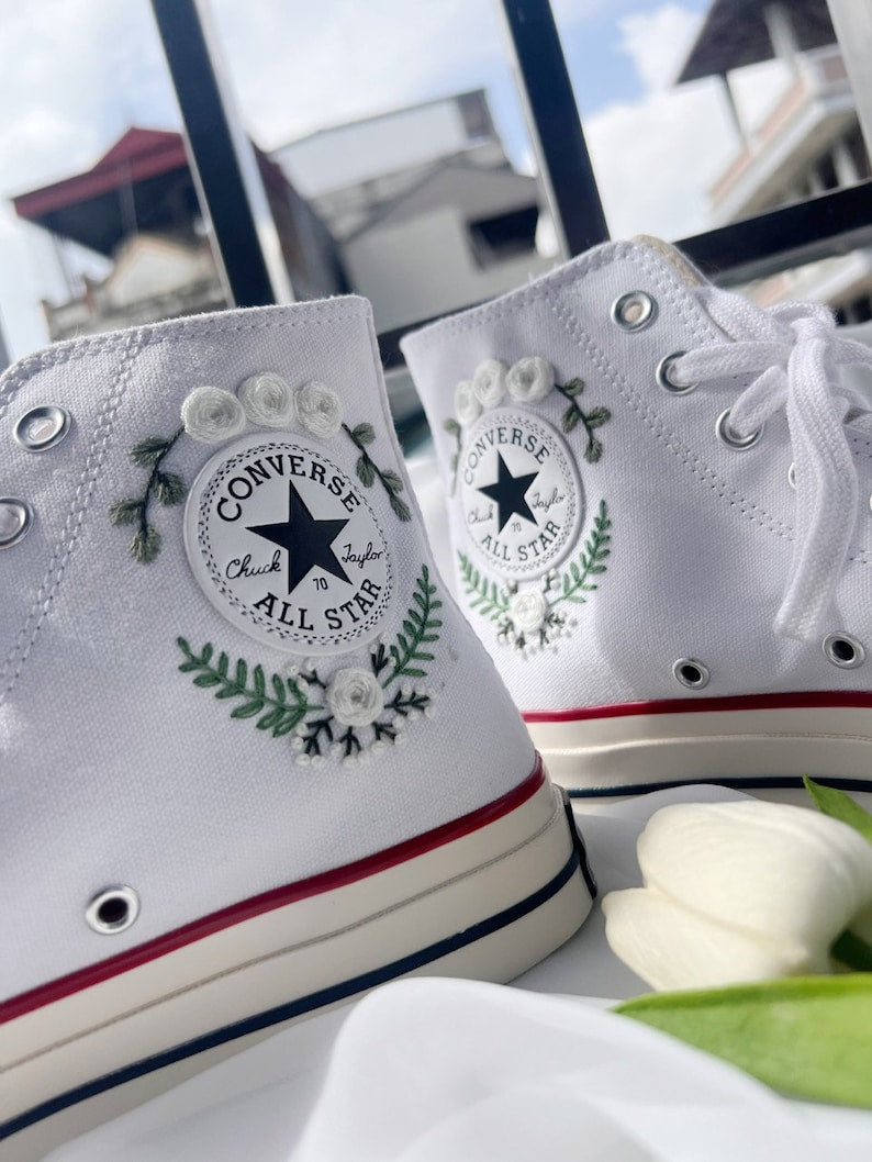 White Flower  Embroidered Converse