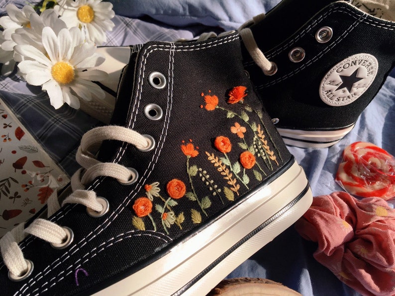 Orange Floral Garden Converse Embroidery
