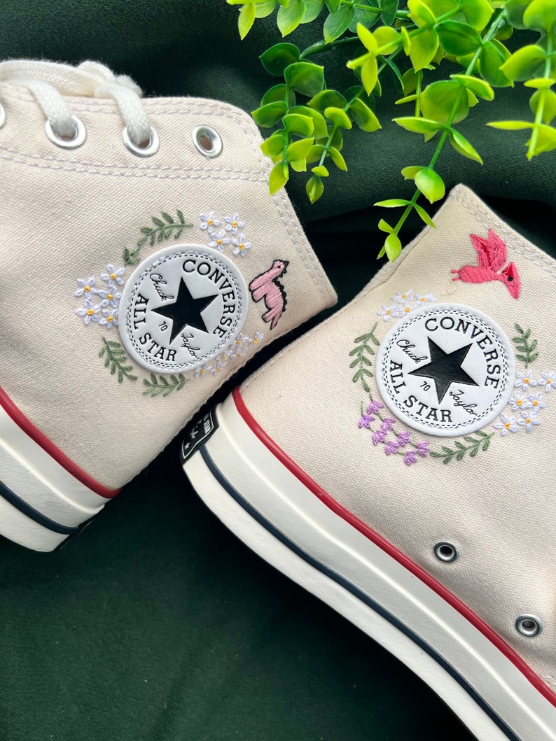 Converse High Tops Embroidered Flower, Mushrooms And Frogs