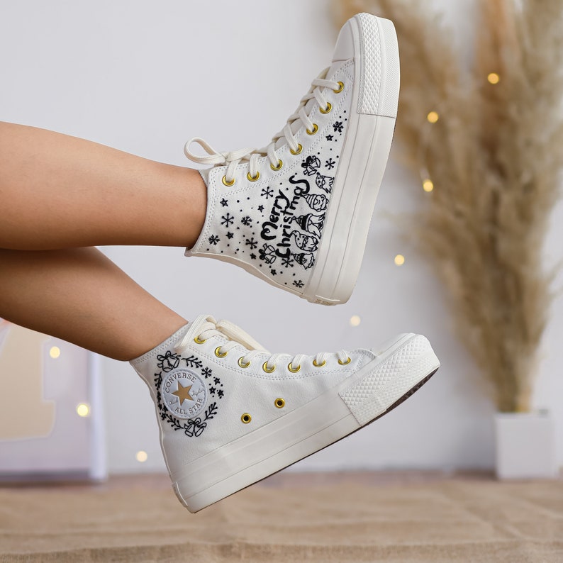 Converse Embroidered With Herd of Reindeer and Santa Claus