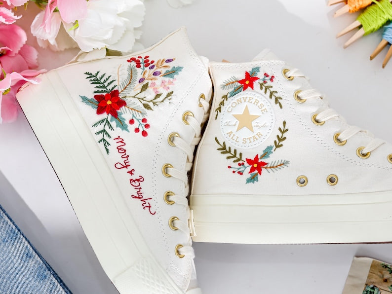 Poinsettia Flowers Embroidered Converse Shoes