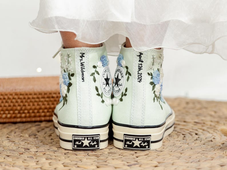 Blue White Roses Wedding Converse Embroidery