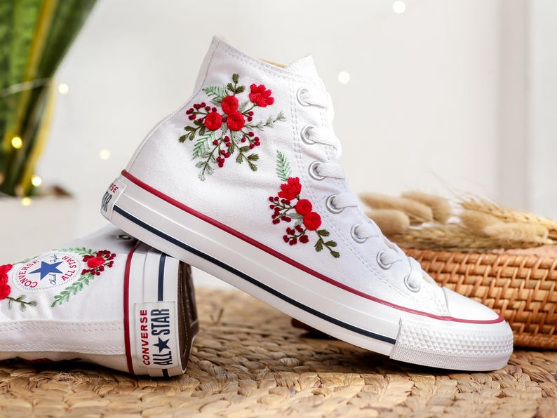 Red Rose Berry Converse Embroidery