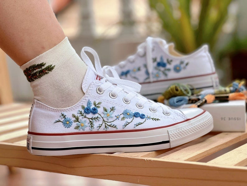 Blue Floral Converse Embroidery