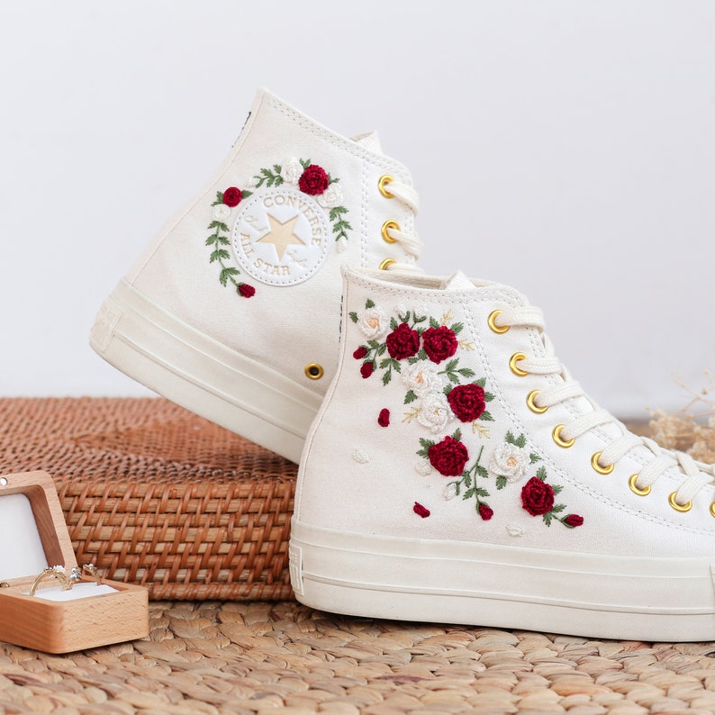 Red White Roses Wedding Converse Embroidery