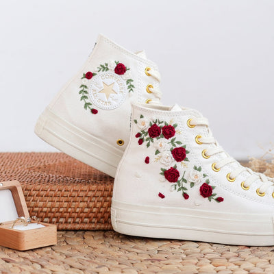 Red White Roses Wedding Converse Embroidery