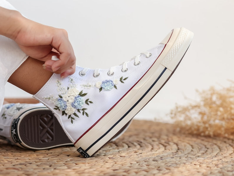 Blue Rose & Hydrangea Wedding Converse Embroidery