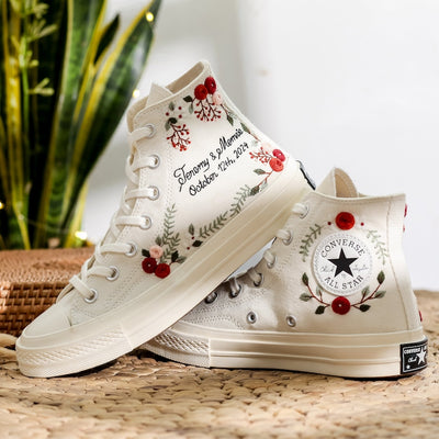 Red Rose Berry Vine Wedding Converse Embroidery