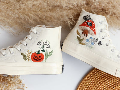 Ghosts and Mushrooms Evil Eye Embroidered Shoes Custom High Tops