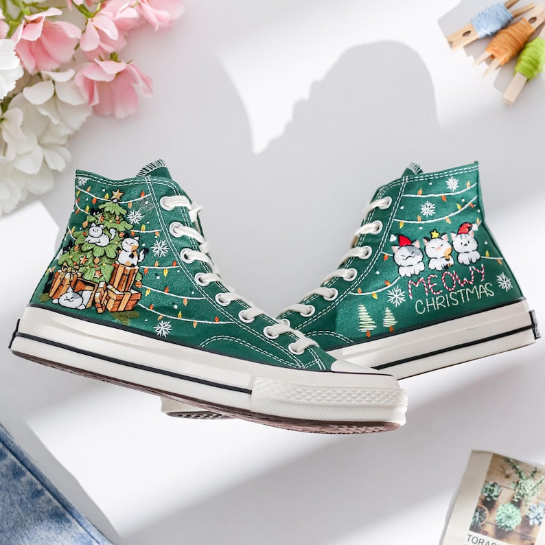 Meowy Christmas Embroidered Converse Shoes