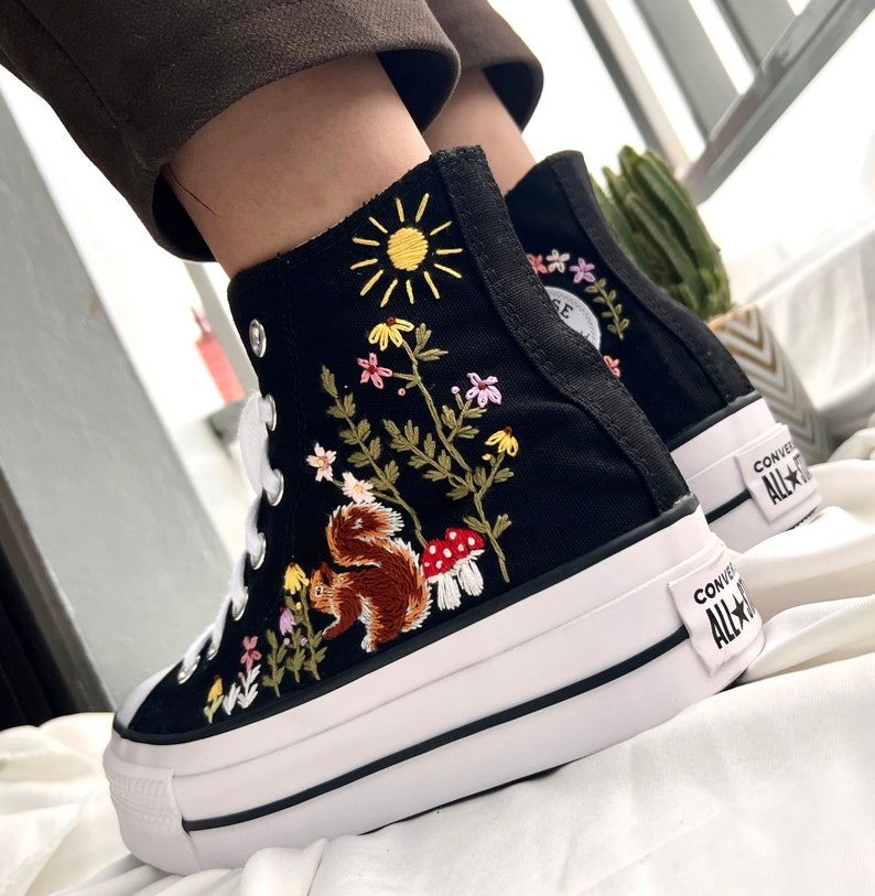 Squirrel, Mushroom, and Floral Converse Embroidery