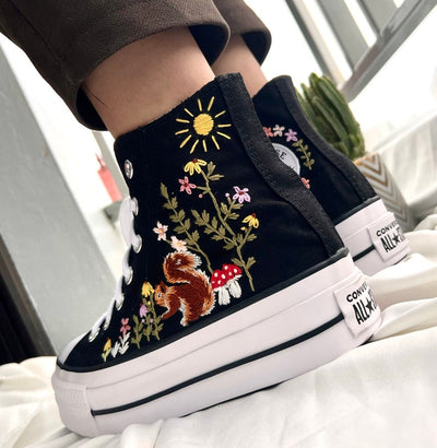 Squirrel, Mushroom, and Floral Converse Embroidery