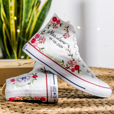 Pink Rose Berry Vine Wedding Converse Embroidery