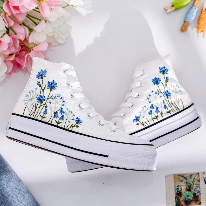 Wedding Blue Flowers Embroidered Converse Shoes