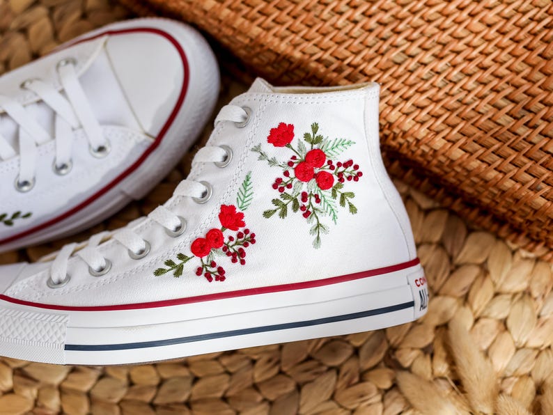 Red Rose Berry Converse Embroidery