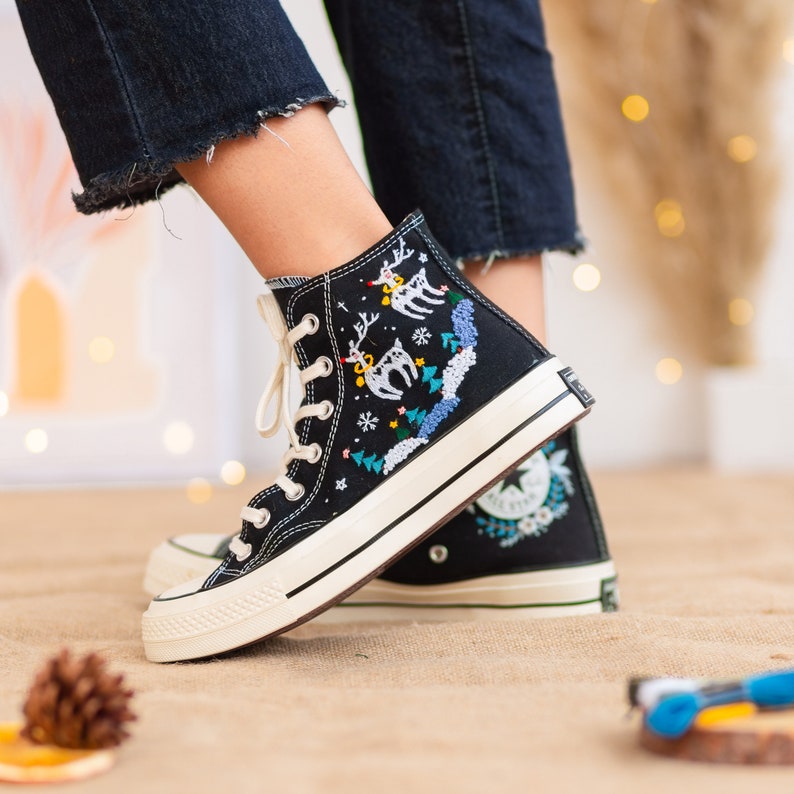 Custom Converse High Tops Embroidered Reindeer Christmas