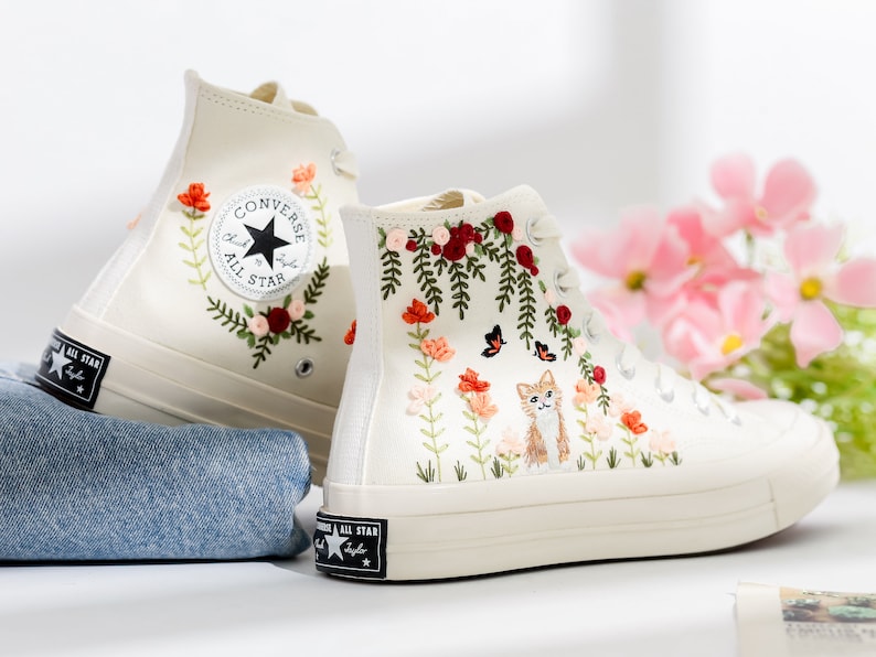 Wedding Flowers and Cat Embroidered Converse Shoes