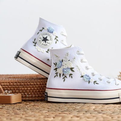 Blue Rose & Hydrangea Wedding Converse Embroidery