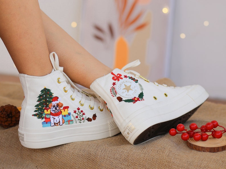 Embroidered Dog Christmas Shoes, Puppy Embroidered Converse