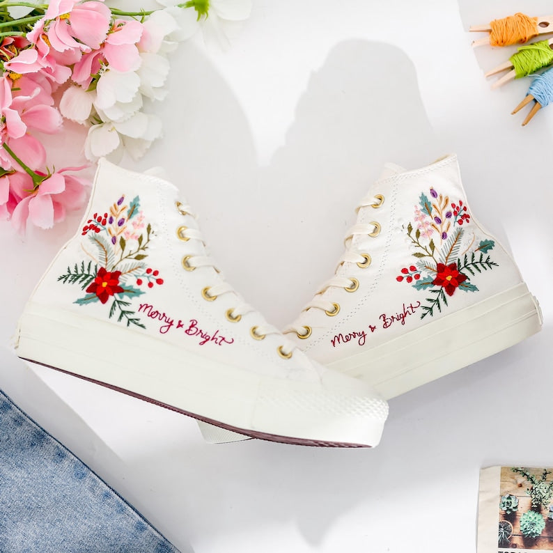 Poinsettia Flowers Embroidered Converse Shoes