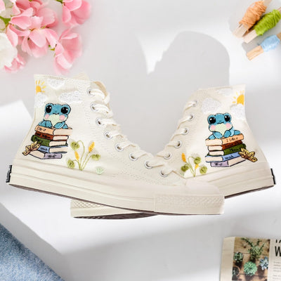 Books and Frogs Embroidered Shoes