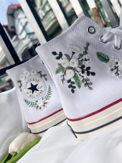 White Flower  Embroidered Converse