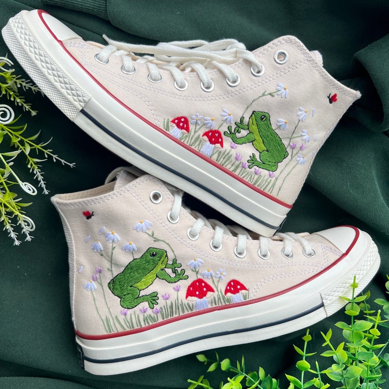 Converse High Tops Embroidered Flower, Mushrooms And Frogs