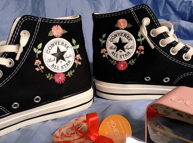 Pink and Yellow Flowers Converse Embroidery