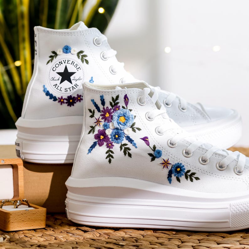 Blue Purple Floral Wedding Converse Embroidery