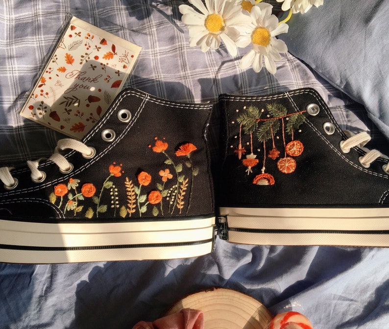 Orange Floral Garden Converse Embroidery