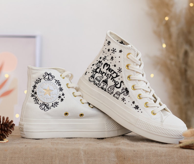 Converse Embroidered With Herd of Reindeer and Santa Claus