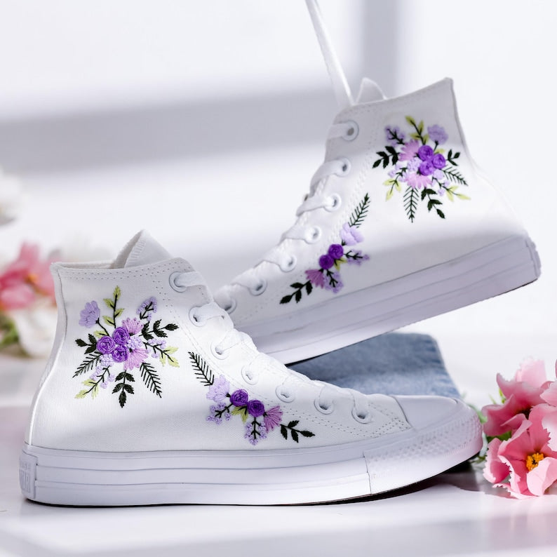 Purple Bridal Bouquet Embroidered Converse Shoes