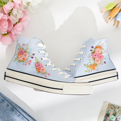 Pink Flower Embroidered Converse Shoes