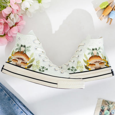 Mushroom and Frog Embroidered Converse Shoes