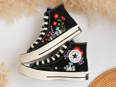 Custom Converse Embroidered Blue Mushrooms and Red Flowers High Top