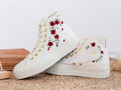 Red White Roses Wedding Converse Embroidery