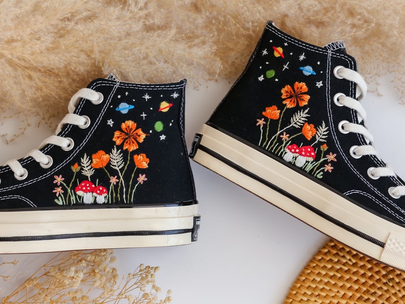 Mushroom and Orange Flower Garden Embroidered Shoes Custom High Tops