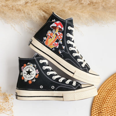 Converse Embroidery Bee Colorful Mushroom Garden High Tops