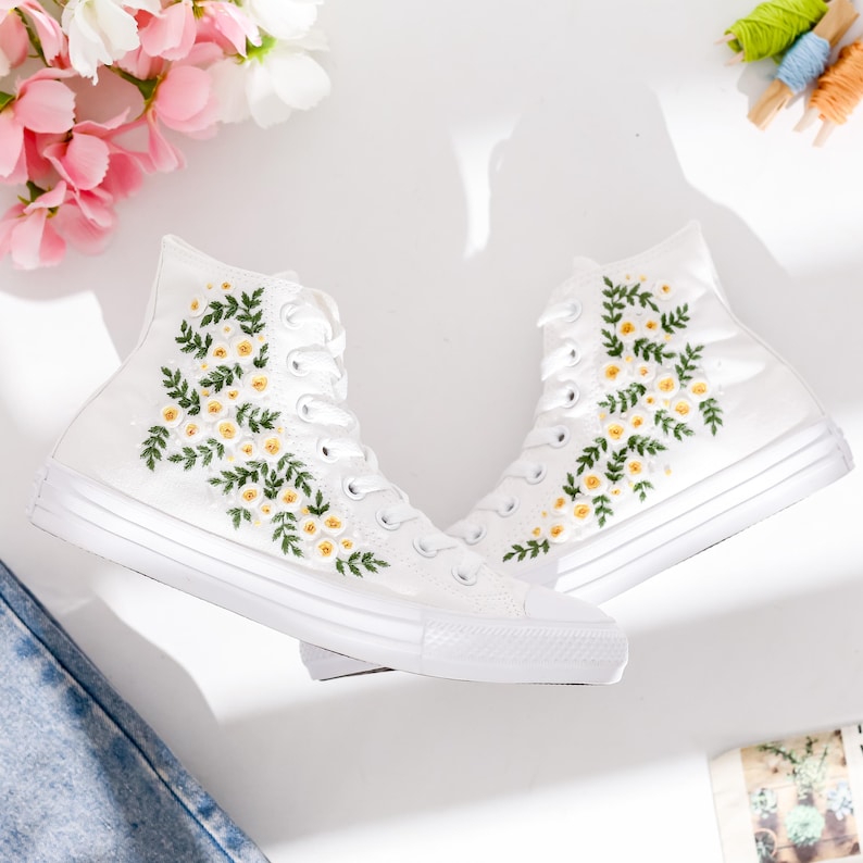 White Floral Embroidery Converse Shoes