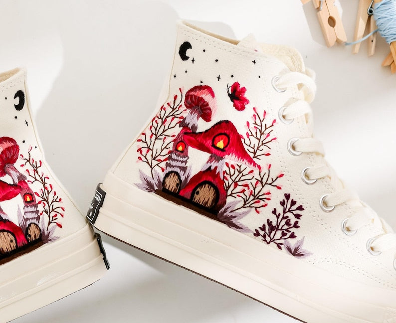 Red Mushrooms Embroidered Converse Shoes