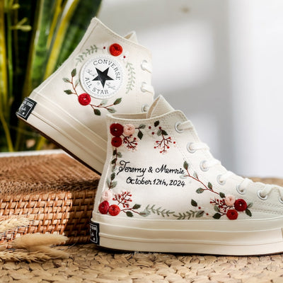 Red Rose Berry Vine Wedding Converse Embroidery