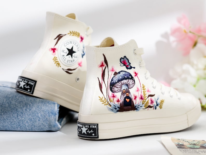 Butterfly and Mushrooms Embroidered Converse Shoes