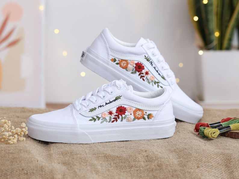Vans Embroidered Red and Burnt Orange Flowers