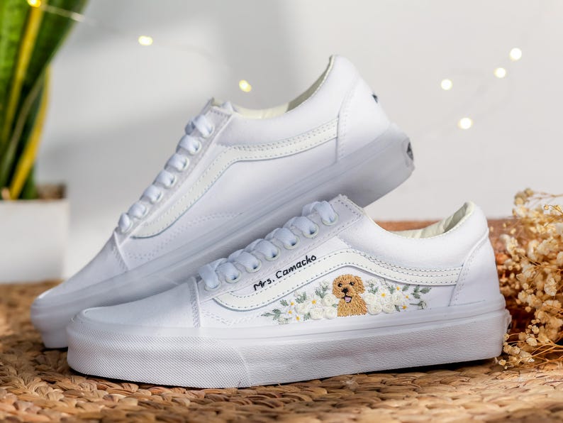 Pet Embroidered Wedding Vans, White Rose Embroidered