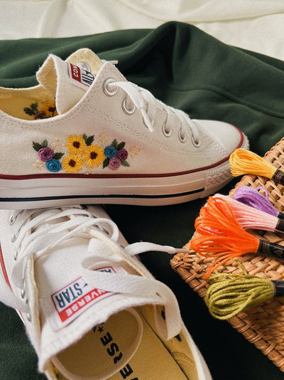 Sunflowers And Roses Garden Embroidered Converse Low Top