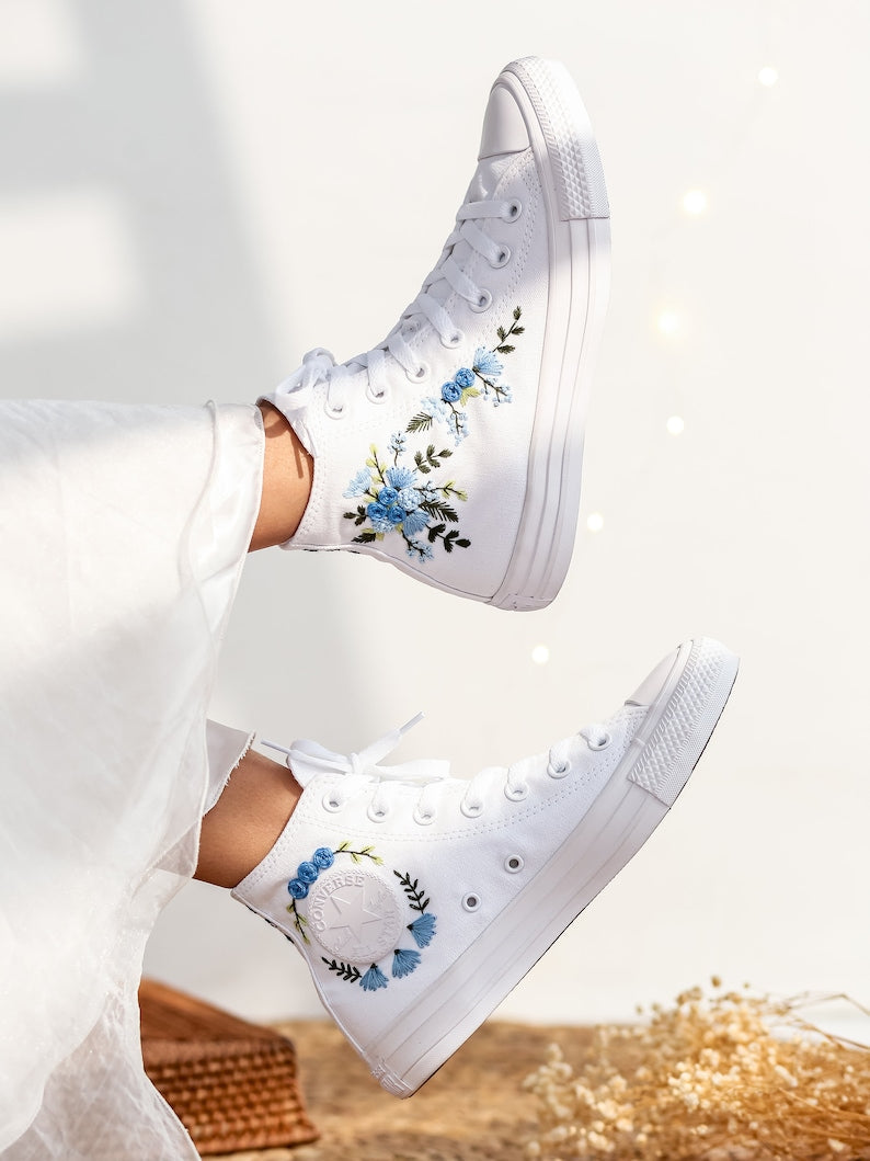 Blue Bridal Flowers Embroidered Sneakers