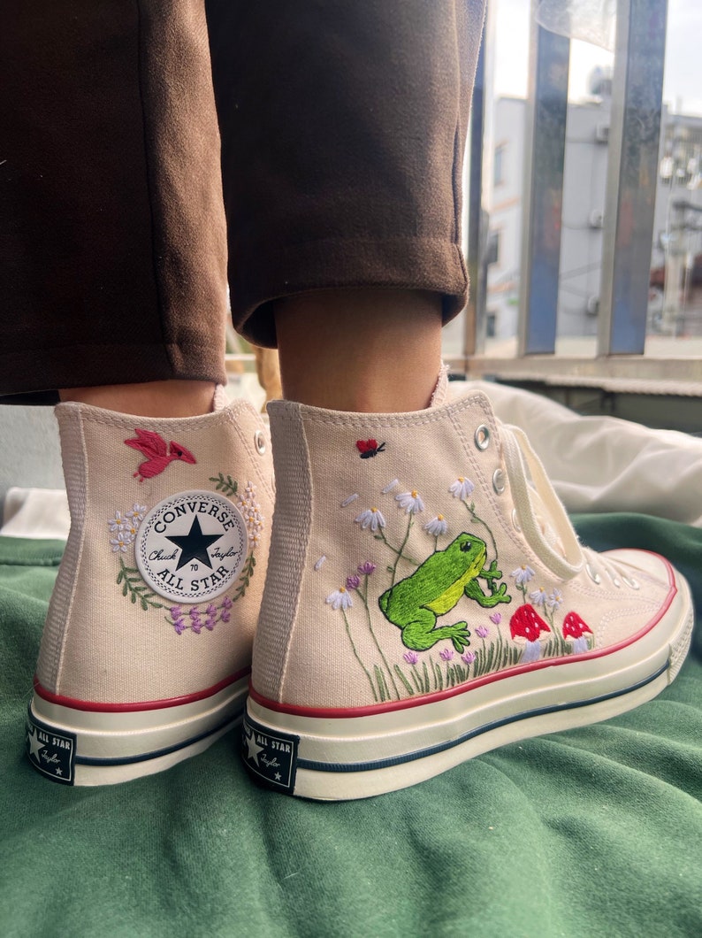 Converse High Tops Embroidered Flower, Mushrooms And Frogs