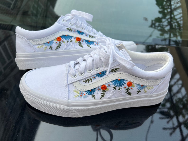 Embroidered Vans Sweet Blue Flower Garden