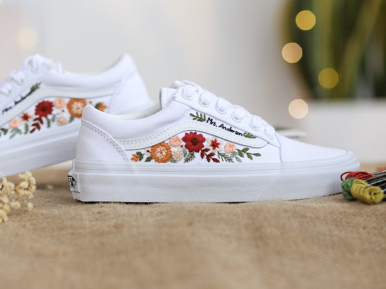 Vans Embroidered Red and Burnt Orange Flowers